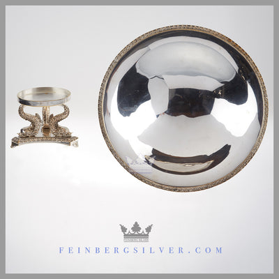 The English silver plated comport has a shallow removable dish (from the base) and an applied acanthus border. Feinberg Silver