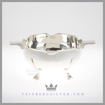 Feinberg Silver - The Art Deco, silver plated English bowl has an Art Deco angular reticulated rim and 2 applied art deco winged handles.