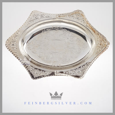 Victorian Silver Basket Brides Basket Wedding Centerpiece Feinberg Silver - The oval English silver plated basket has concave hexagonal sides with a scroll design and crimped edge.