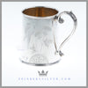 Feinberg Silver - The can shaped Antique English silver plate child's mug has a flat bottom and a scroll handle with an acanthus leaf thumb-piece. Feinberg Silver