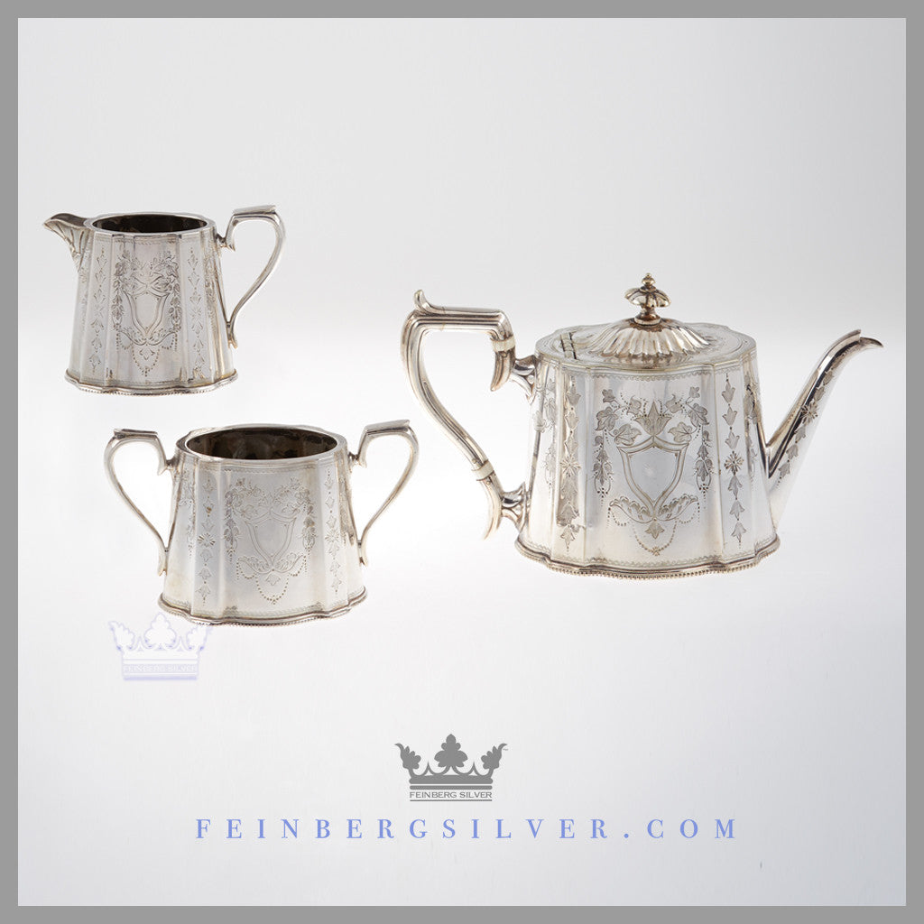 Benetfink 3Pc Tea Set Silverplate Bachelor Victorian English Tea coffee Service For Sale Feinberg Silver Feinberg Silver