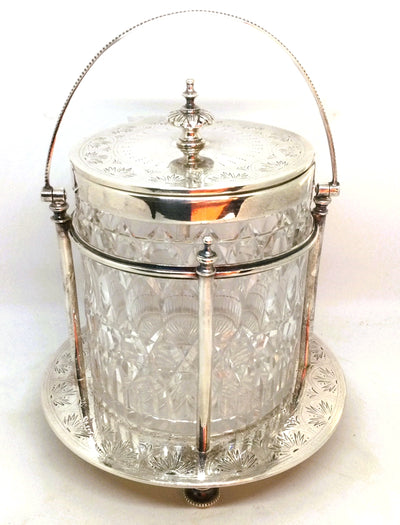 Antique English Silverplate Crystal Biscuit Box on Stand - circa 1845