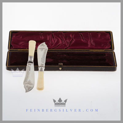 Pair of Antique Silver Plated, Ivory Handled Butter Knives in Case c. 1875
