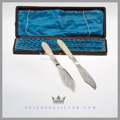 Pair of Antique English Silver & Mother of Pearl Butter Knives in Case c. 1850 |John Harrison