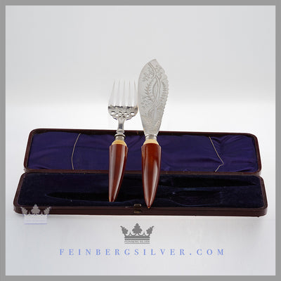 Antique English Silver & Ivory Tusk Fish Servers in Case | Feinberg Antique English Silver Gifts - Purveyors of Fine Sterling Silver