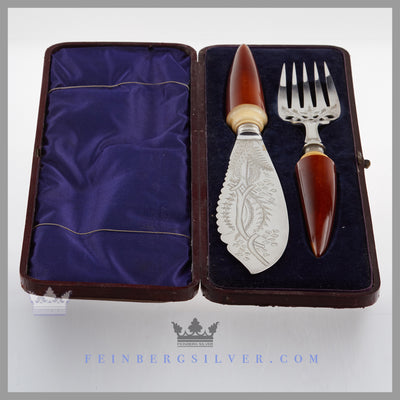 Antique English Silver & Ivory Tusk Fish Servers in Case | Feinberg Antique English Silver Gifts - Purveyors of Fine Sterling Silver