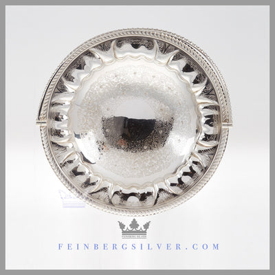 Victorian Silver Centerpiece Basket Brides Wedding Antique Feinberg Silver - The English silver plated basket is round with an applied gadroon border. The rim is hand engraved and hand chased with lobes and acanthus leaves.