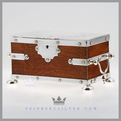 Antique Victorian Tea Caddy Silver Plated Oak Tin For Sale | Feinberg Silver