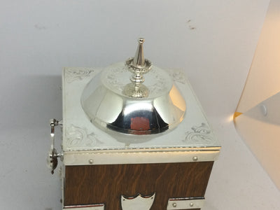 Antique English Oak & Silverplated Sq. Biscuit Box - circa 1875