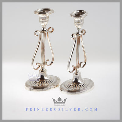 Feinberg Silver - The oval fluted base English silver plated pair of lyre candlesticks