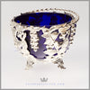 Antique silver candy dish with cobalt glass for sale. English victorian silver bowl. Feinberg silver